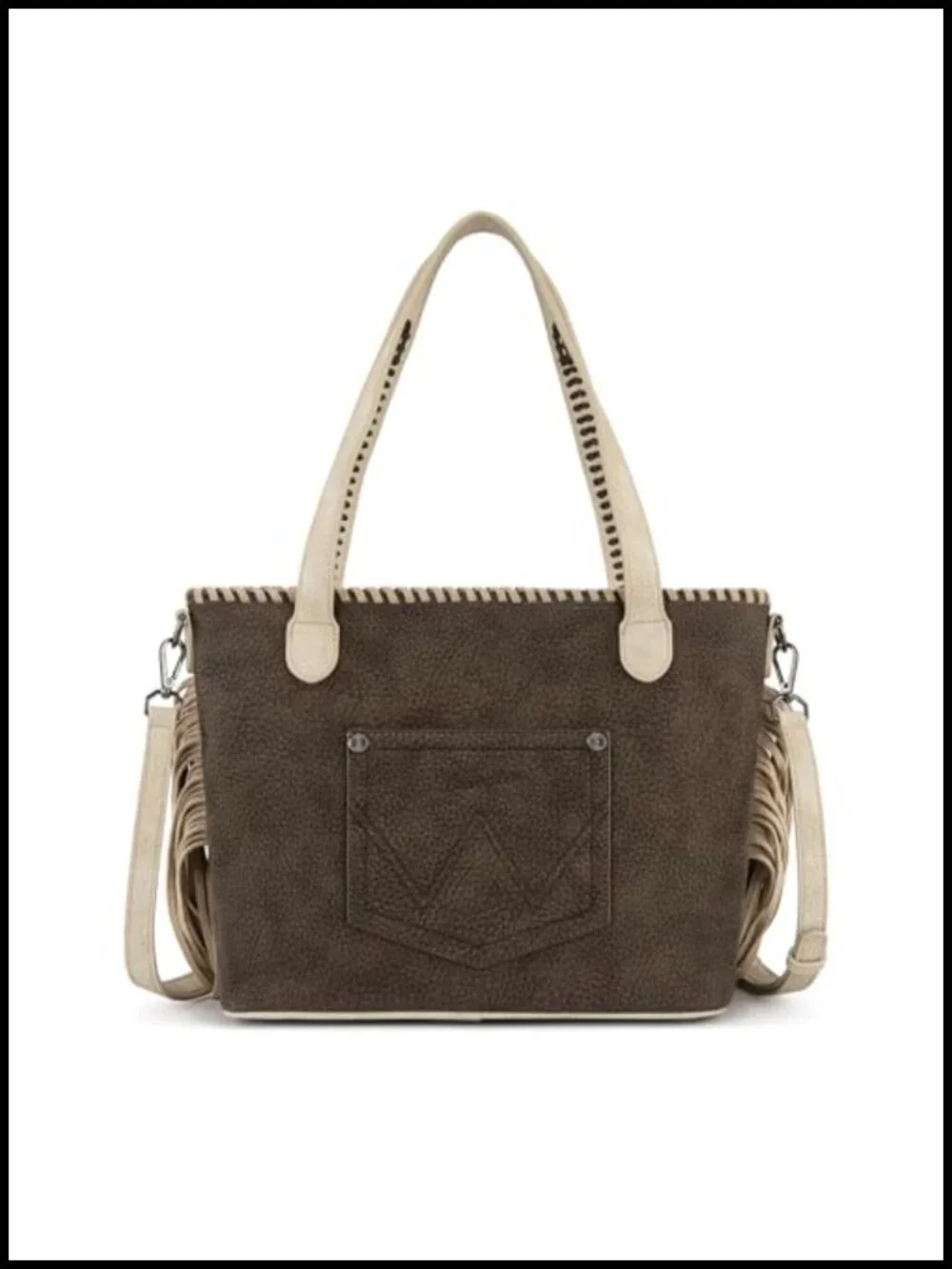 Western Fringe Tote Handbag with Whipstitch Detail Crossbody